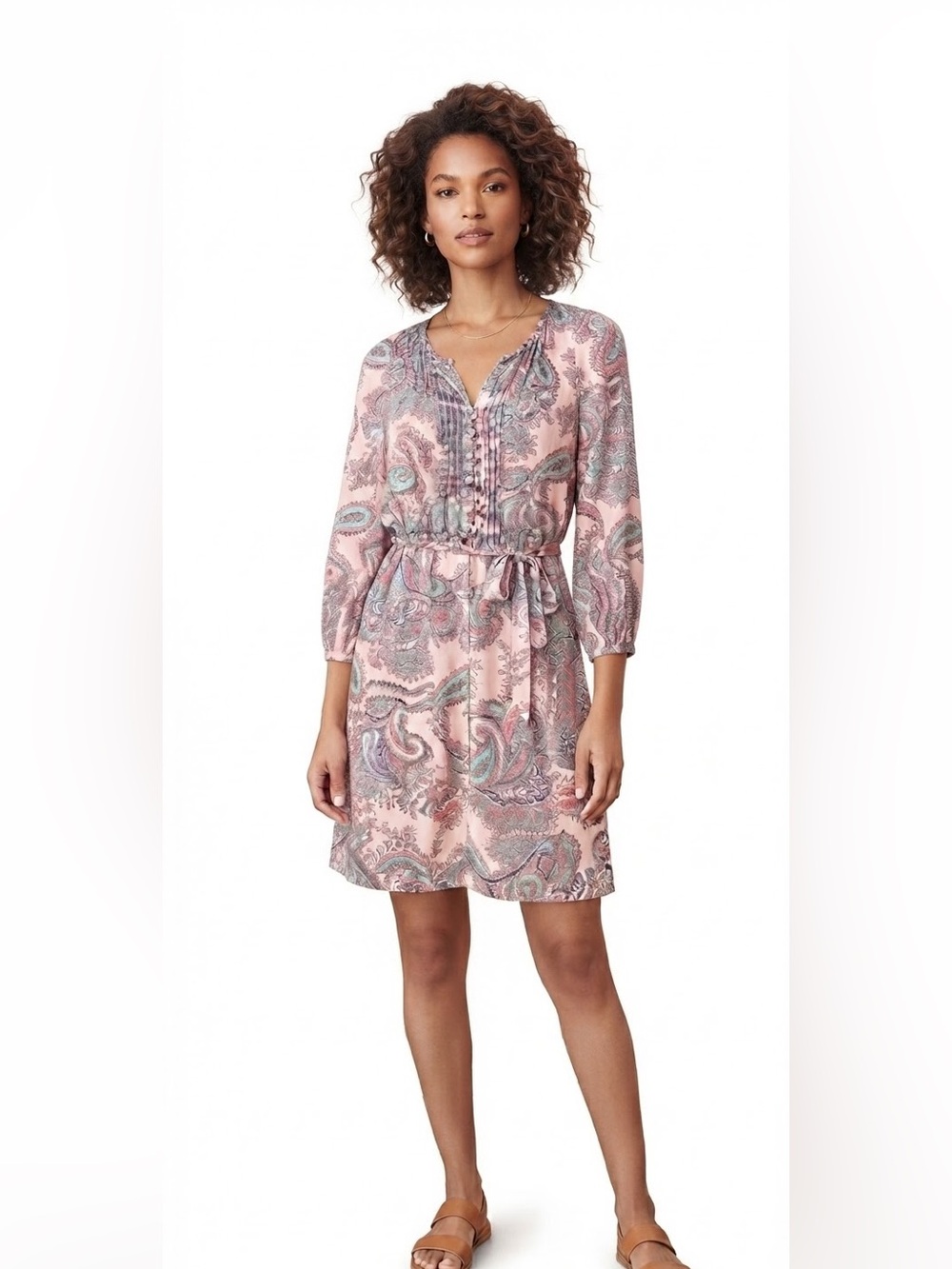 Daniel Rainn Blush Paisley Button-Front Tie-Waist Dress with Teal & Berry Motifs